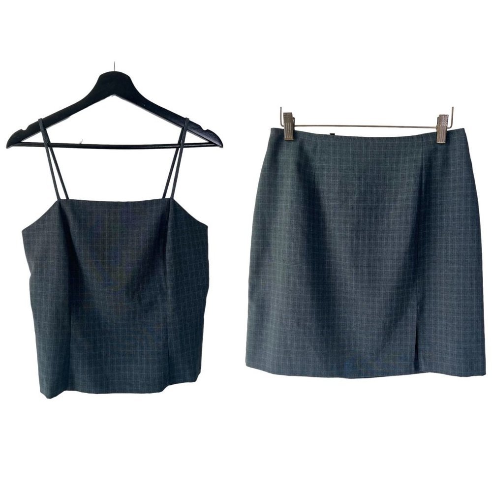 Vintage Y2K Grey Plaid Spaghetti Strap Mini Skirt Set Medium